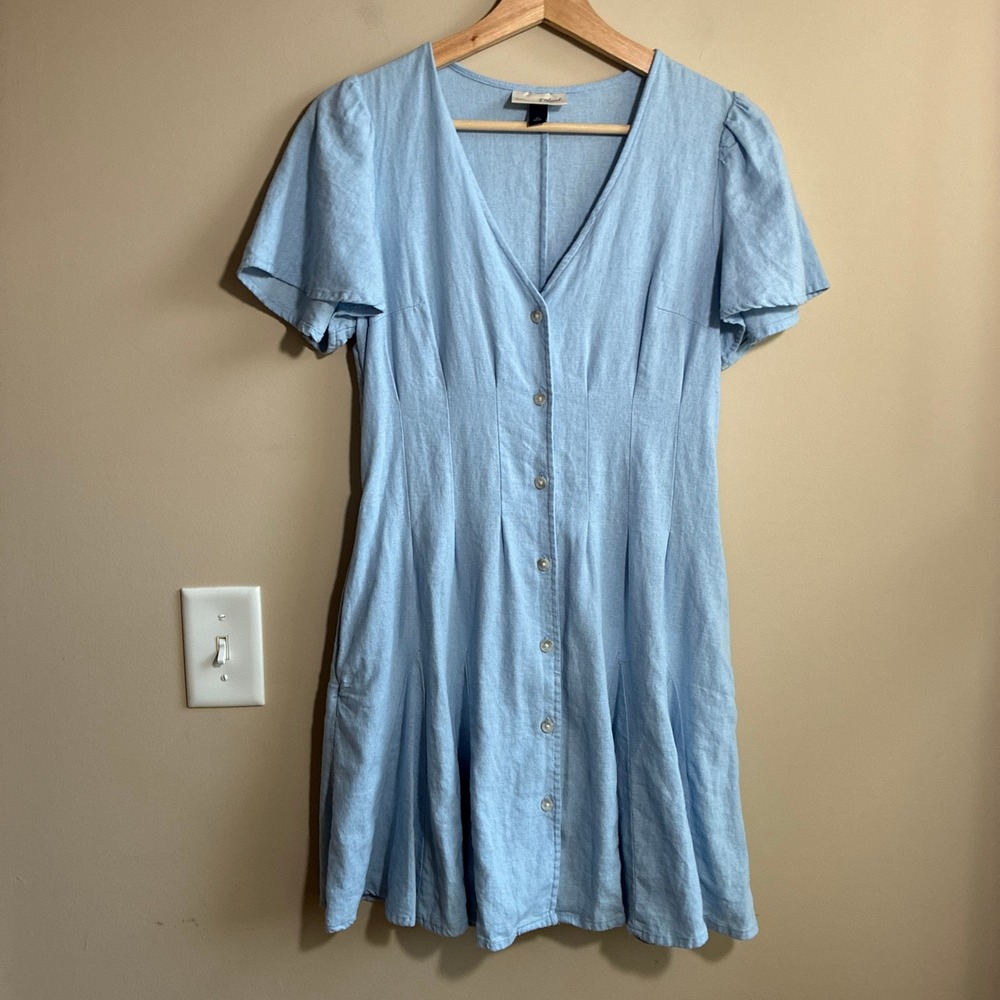 Universal Thread Button Front Mini Dress XS Light Blue Women Linen Blend